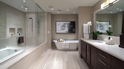 A designer bathroom with minimalist decor and high-end fixtures.