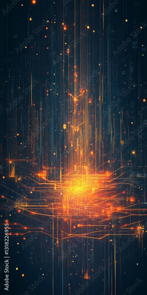 Poster this abstract digital background features glowing lines and particles, creating a vibrant visual eff