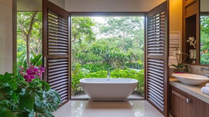 Fototapeta premium A fully louvered door with downward-facing slats, preventing visibility into the bathroom.