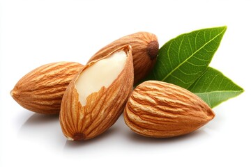 Three almonds with one cracked open, showcasing the kernel, alongside fresh green leaves on a white background.