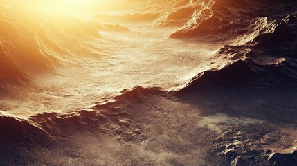 Dramatic ocean waves illuminated by a beautiful and radiant sunrise