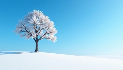 Isolated tree in pristine snow field, azure sky above, winter scene image, nature backdrop