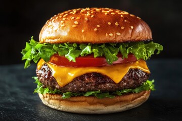 Juicy cheeseburger with lettuce and tomato on a sesame seed bun.