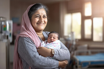 Fototapeta premium A woman in a maternity ward, holding her newborn baby for the first time, tears of joy in her eyes.