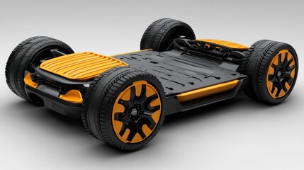 Yellow and black electric vehicle chassis with four wheels, isolated on white background.