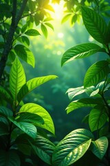 Obraz premium Lush tropical foliage, vibrant greens & yellows, sunlight dappled leaves , rainforest, pattern, vibrant