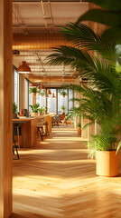 Fototapeta premium Sunlit Modern Office, Plants Enhance Workspace Design, Creating a Calm and Productive Atmosphere.