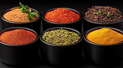 Fototapeta premium Colorful spices in black bowls on a dark surface.