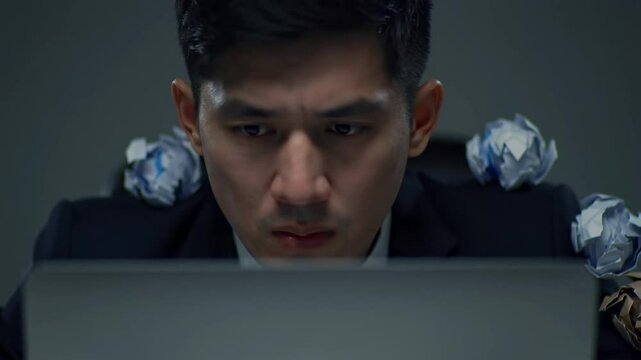 Focused Asian Male Professional in Formal Attire Working Intently at a Laptop, Surrounded by Crumpled Paper, Symbolizing Stress and Creativity in a Modern Office Environment