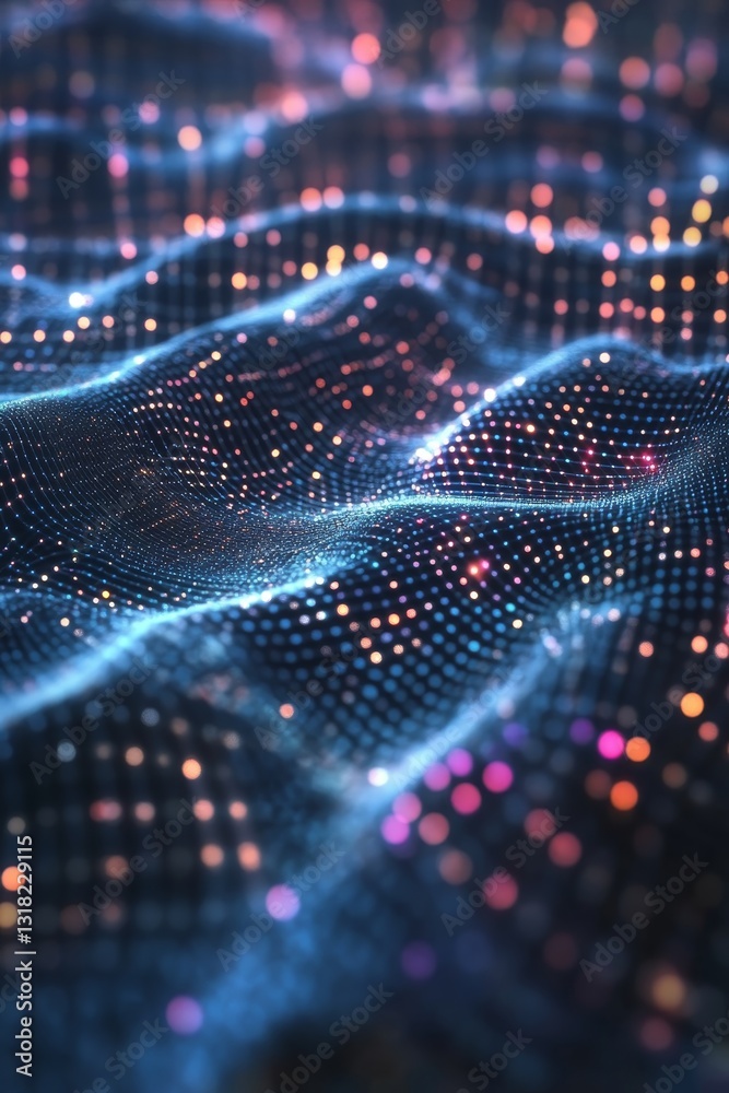 Poster explore an abstract visual of flowing light waves adorned with colorful dots, creating a captivating