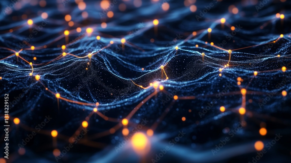 Poster this stunning image showcases an abstract digital network with glowing blue lines and bright orange 
