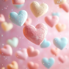 Fototapeta premium Minimal Pastel Valentine’s Day Colorful heart-shaped candies on a pink background.