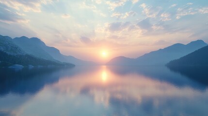 Fototapeta premium Serene scene shows mountains reflecting in calm lake water at sunset