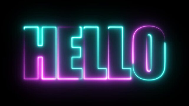 Animated neon glowing hello speech icon on black background. Color hello text motion graphics. HD video animation.