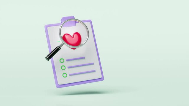 3d check list for health with heart, heartbeat, magnifying glass isolated on green background. health check report concept, 3d illustration render, alpha channel