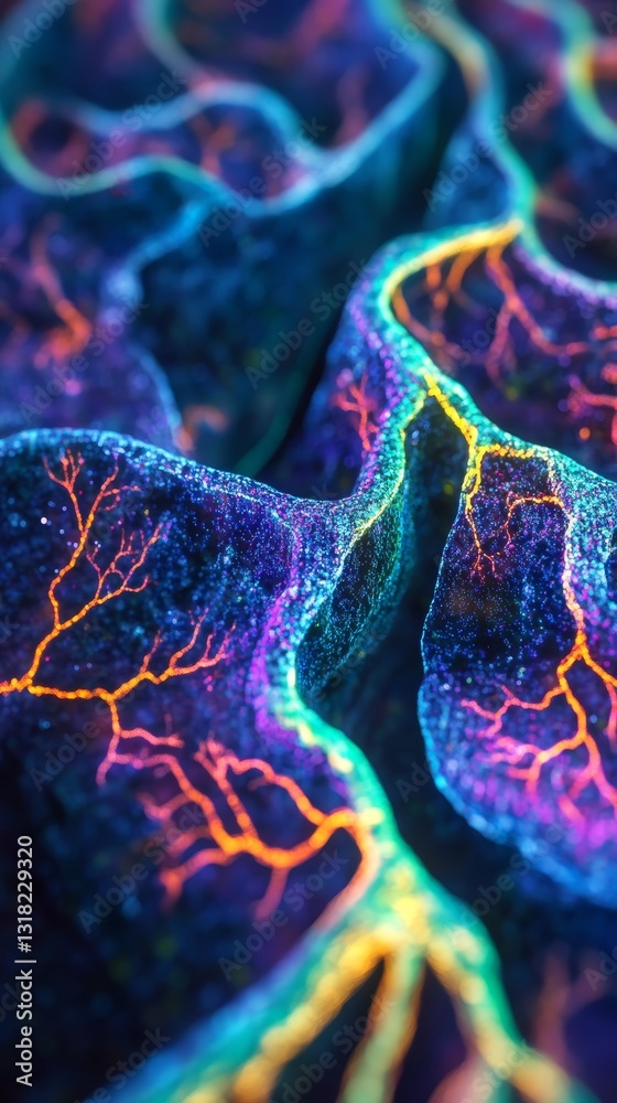 Poster explore a mesmerizing abstract image showcasing vibrant neural patterns and fluid shapes. the multic