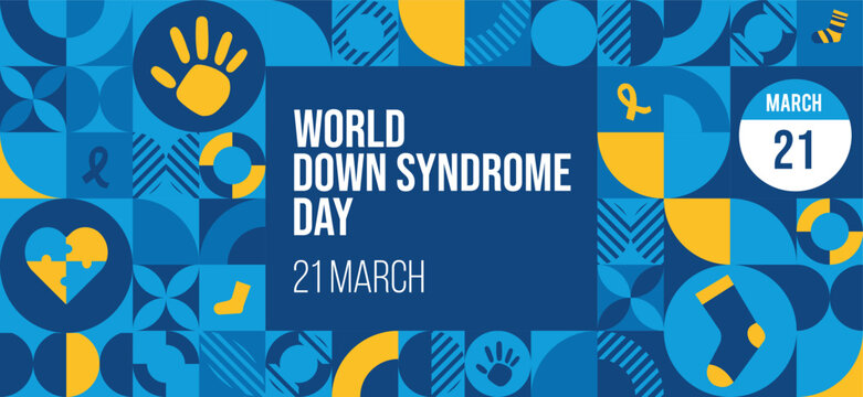 World Down Syndrome Day pattern Design. 21 March World Down Syndrome Day vector design with a ribbon and hand prints in blue and yellow colors. 21st of March background. Vector Illustration.