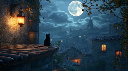 Nightfall Serenity: A lone black cat perched on a stone wall, its silhouette against a night sky. The moon illuminates the town.