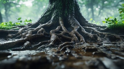 Obraz premium The base of a large tree with exposed intertwining roots