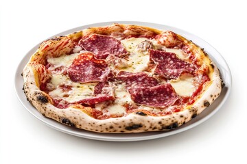 Delicious salami pizza on a white plate.
