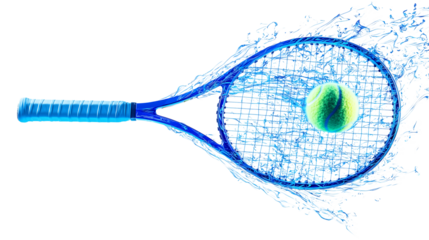 Png Tennis Racket Water Splash Design, Blue, Green Ball, Abstract isolated on transparent background