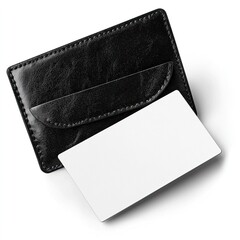 Black leather card holder with blank white card.