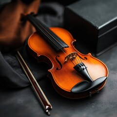 Fototapeta premium Elegant wooden violin with bow and case.