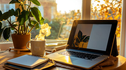 A laptop is open on a table with a plant and a cup of coffee. generated using AI