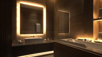 A modern bathroom setup with a square LED mirror and floating accessory shelves.