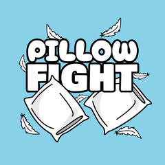 International Pillow Fight Day to celebrate on the first Saturday in April. Illustration of white pillows and flying goose feathers with bold text on blue sky background.