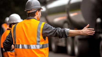 Man Wearing a Safety Vest and Hard Hat Directing Heavy Machinery on a Large Infrastructure Project While Overseeing Logistics .