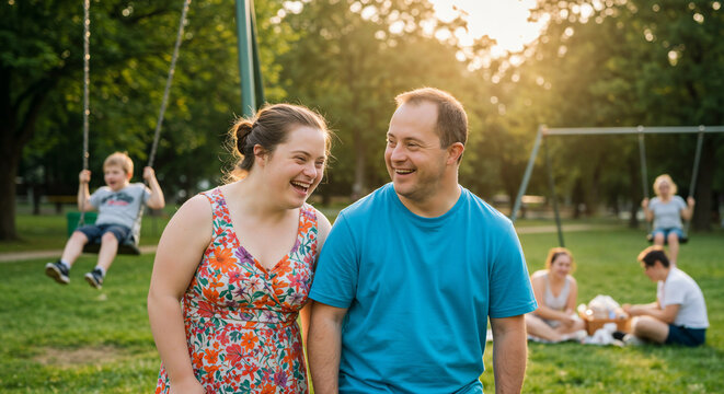 Joyful Moments in Park: Capturing the essence of a heartwarming gathering at a park on a sunny day, where two individuals with Down syndrome share a tender moment.