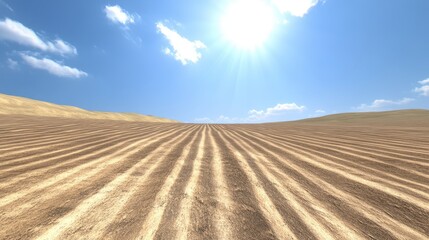 Fototapeta premium Sunlit Agricultural Field with Striking Patterns and Clear Sky