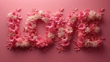 Fototapeta premium Artistic Floral Arrangement Spelling LOVE Against a Pink Background