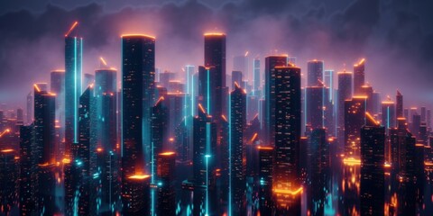 Fototapeta premium Neon Lights Illuminate a Futuristic Skyline at Dusk in a Modern Cityscape