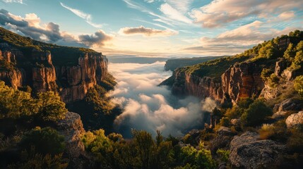 Fototapeta premium Breathtaking Canyon Landscape with Cloud Cover and Sunset Glow