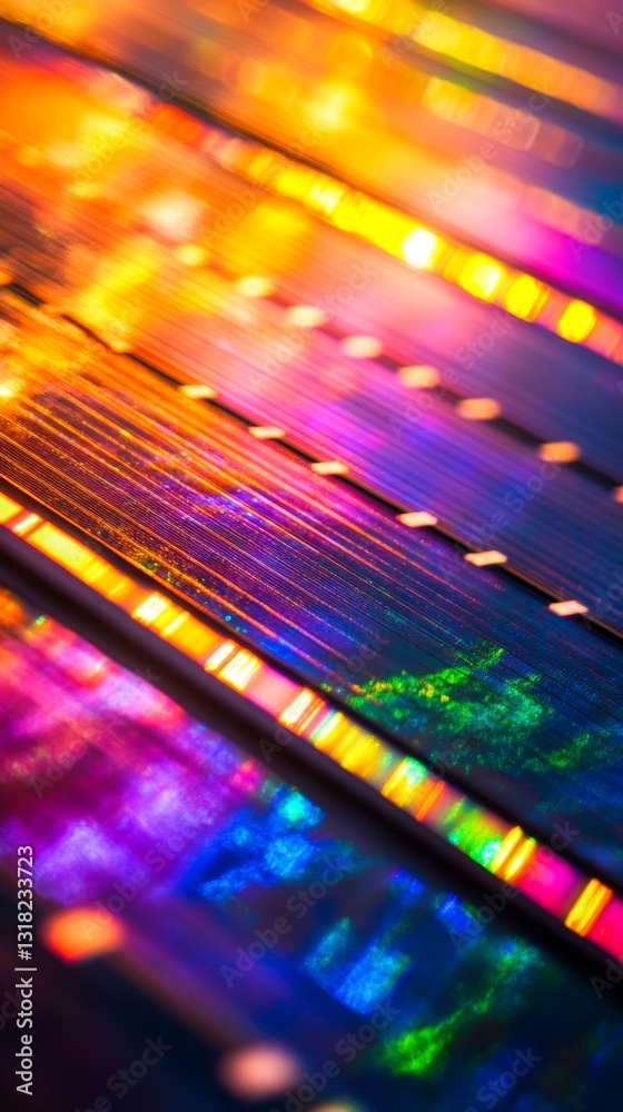 Poster a captivating abstract image showcasing vibrant light reflections and colorful patterns on a texture