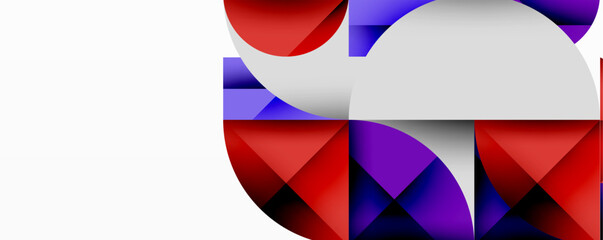 Modern abstract composition with layered circles and angular segments featuring gradients, transparency effects, and a structured geometric layout