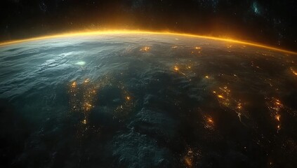 Fototapeta premium Earth at night viewed from space, showing city lights and atmospheric glow. Dark background with bright lights and stars