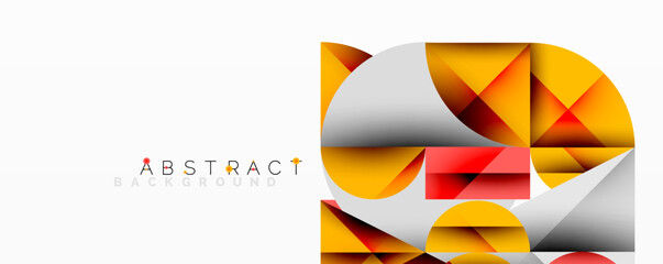 Modern abstract composition with layered circles and angular segments featuring gradients, transparency effects, and a structured geometric layout