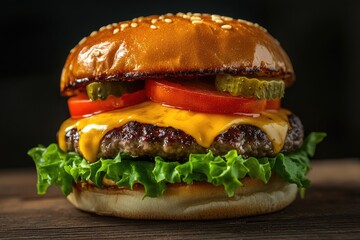 Juicy cheeseburger with melted cheese, tomato, lettuce, and pickles on a sesame seed bun.