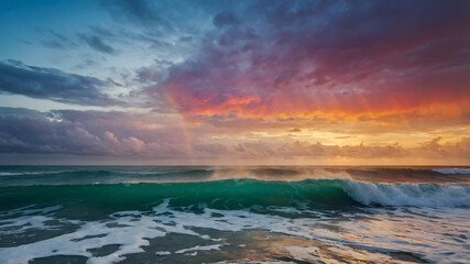 Landscape view of ocean with cloudy rainbow sky