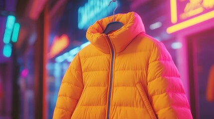 Fototapeta premium Vibrant Yellow Puffer Jacket Hanging in Neon Light Environment