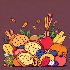 Vibrant, colorful illustration of various carbohydrates, including bread, pasta, fruits, and grains, arranged in a stylized, whimsical composition with bold lines and textures.