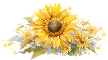 Png Watercolor Sunflowers Bouquet Painting, Yellow Floral Art isolated on transparent background