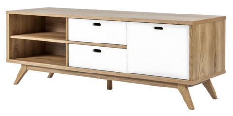 A modern wooden TV stand, minimalist style with a natural wood finish. Features two white drawers on the left,