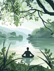 Minimalist Zen Meditation by a Lake – Serene Nature Scene in Soft Pastel Tones