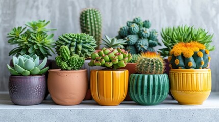 Fototapeta premium Collection of Potted Cacti on Display With Colorful Pots on a Bright Day