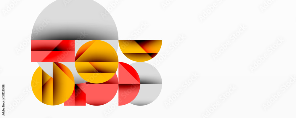 Poster Modern abstract composition with layered circles and angular segments featuring gradients, transparency effects, and a structured geometric layout