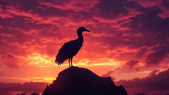A dramatic silhouette of a koyal bird at sunset, against a vibrant sky